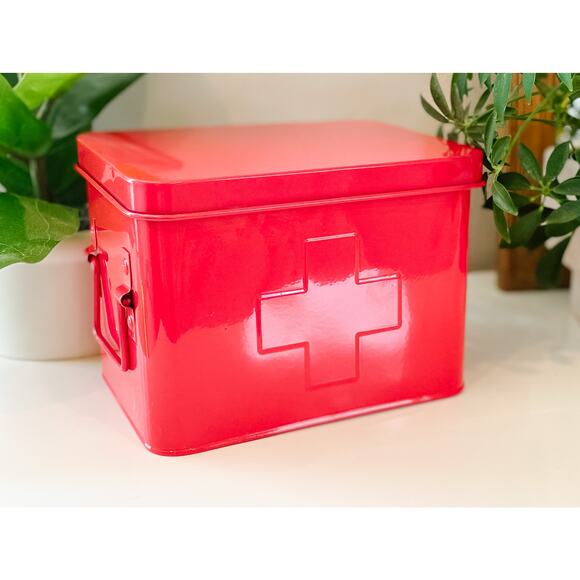 Red Embossed Metal First Aid Kit Medical Box with Compartments Bathroom Storage - Picture 2 of 4